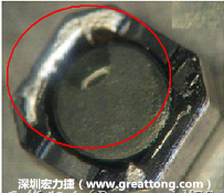 使用錫(Sn)鍍層的電源電感器(Power Inductors)，經(jīng)過(guò)推力測(cè)試后，其焊點(diǎn)還保留在零件的端點(diǎn)上，所以推力比較高。