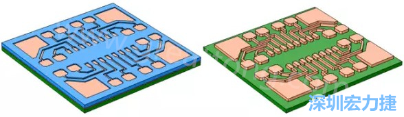 銅被電鍍在導(dǎo)電種子層之上，從而填滿了PCB板上的圖形化光刻膠腔體(左)。清除光刻膠，蝕刻暴露出的種子層以分隔開不同的銅線(右)-深圳宏力捷