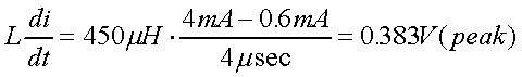 舉例來說，一個閘在"ON"而載有4mA的電流時，突然開關(guān)切到"OFF"且現(xiàn)在載有0.6mA的電流，假設(shè)開關(guān)時間為4msec，載有450mH的電感信號的導(dǎo)體，此時所產(chǎn)生的電壓突波為