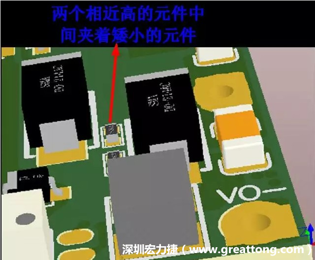 放置器件時要考慮以后的焊接和維修，兩個高度高的元件之間盡量避免放置矮小的元件