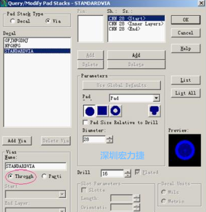 分析文件完成后，點(diǎn)擊菜單Setup→Pad Stacks調(diào)出焊盤(pán)堆設(shè)置窗口，將Pad Stack Type改為Via