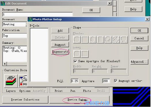 當(dāng)Gerber和鉆孔都設(shè)置完后，選擇一貼片元件較多的層（一般為T(mén)op層），點(diǎn)擊Device SetupPhoto，將 Plotter Setup窗口D-Code欄原有的D碼刪除并按Regenerate重新生成