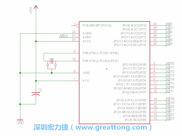 3.3.    將共鳴器（resonator）放置在針腳9和針腳10附近，將它的三個針腳連接如圖所示，并確認(rèn)最中間的針腳有連到接地端。