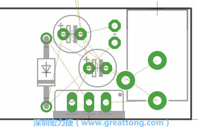如同第一篇的步驟，我們將從電源迴路開(kāi)始著手，移動(dòng)電源插座（Power Jack）、電壓調(diào)整器、二極體、兩個(gè)電容和輔助接頭JP1到如上圖所示的位置。