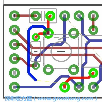 要在電路板正面進(jìn)行+5V信號(hào)線連結(jié)和其他連結(jié)點(diǎn)的布線工作是非常容易的，而重置信號(hào)線（信號(hào)線用來(lái)連結(jié)電路板正面左邊的重置開(kāi)關(guān)）需要經(jīng)過(guò)一個(gè)可以通過(guò)電路板正反兩面的電路通道，這個(gè)通道是一個(gè)可以讓電路板正反兩面線路連接的一個(gè)小孔。