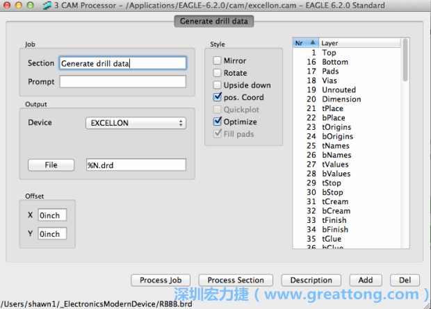 打開「excellon.cam」的工作項目并建立drill文件（副檔名為「.dri」和「.drd」），之后你只會用到「.drd」的文件檔；「.dri」的文件只是解釋用資料（所謂后設資料）而已。