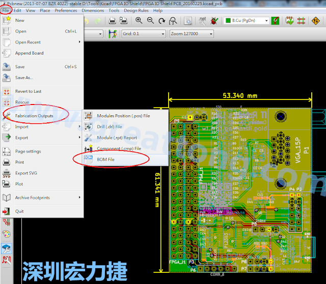 在Kicad的PCB Editor, 點(diǎn)選 File->Fabrication Outputs->BOM File, 即可產(chǎn)生一個(gè) .csv 的Excel 檔案。