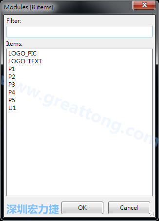 從目前正在編輯的PCB載入Module， 會顯示有那些項目可載入。點選一個， OK后即完成載入