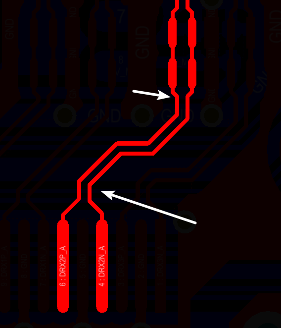 相應(yīng)的要對(duì)差分對(duì)不匹配的情況作出補(bǔ)償，使其線長(zhǎng)匹配，長(zhǎng)度差通?？刂圃?mil以內(nèi)