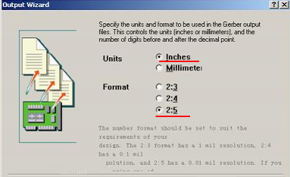 在上圖中選擇“Inches 2：5”，以確保資料精度，反之線寬、線距或孔有偏移現(xiàn)象
