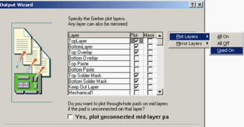 按“Next”，點擊“Menu”將Plot Layers置為Used On，Mirror Layers置為All Off后按“Next”