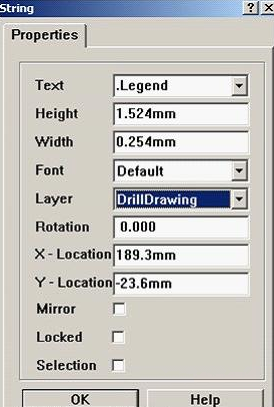7. 放置分孔圖，按“P、S”在圖形的右下角放置一字符串，并雙擊打開，將Text改為。Legend；Layer改為DrillDrawing即可